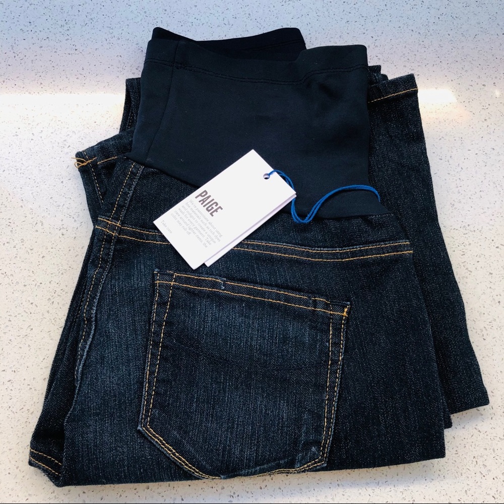 PAIGE maternity Dark Blue Denim Boot Cut Jeans with Black Waist Panel